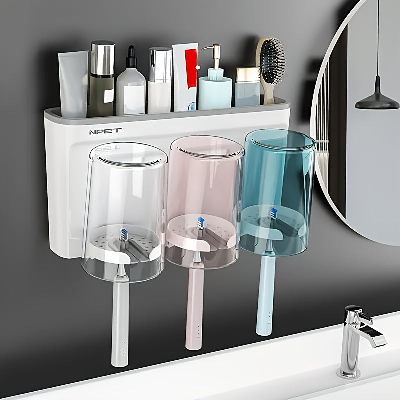 NPET 2\u002F3pcs Optional Gray, Rose Golden Two-tone Toothbrush Cup Holder, Bathroom Toilet Shelf Sink Organizer Simple Design Space-Saving Wall-Mounted Toothbrush Holder - Plastic, Easy To Clean, No Electricity Required