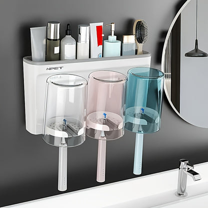 NPET 2\u002F3pcs Optional Gray, Rose Golden Two-tone Toothbrush Cup Holder, Bathroom Toilet Shelf Sink Organizer Simple Design Space-Saving Wall-Mounted Toothbrush Holder - Plastic, Easy To Clean, No Electricity Required
