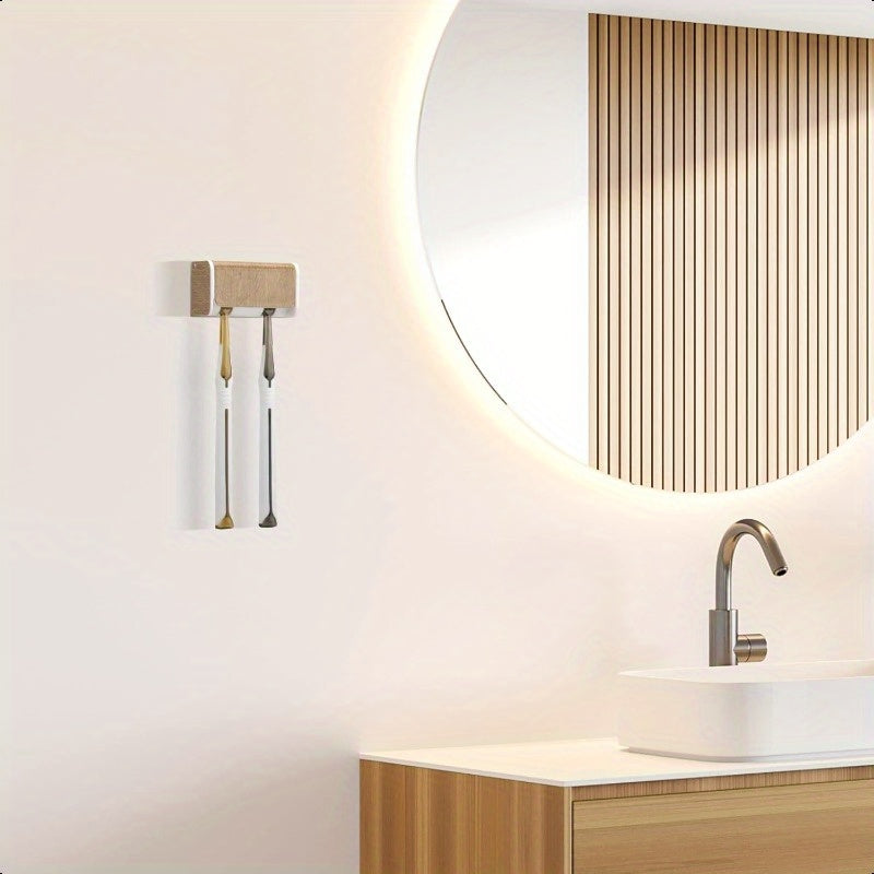 2-Slot Self-Adhesive Wall-Mounted Toothbrush Holder with Cover - Wood Grain Electric Toothbrush Organizer, Durable HIPS Plastic Bathroom Storage for Family, No Drill Installation & Easy Clean, Toothbrush And Toothpaste Holder