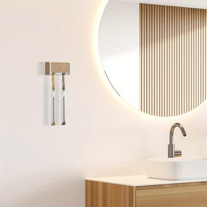2-Slot Self-Adhesive Wall-Mounted Toothbrush Holder with Cover - Wood Grain Electric Toothbrush Organizer, Durable HIPS Plastic Bathroom Storage for Family, No Drill Installation & Easy Clean, Toothbrush And Toothpaste Holder