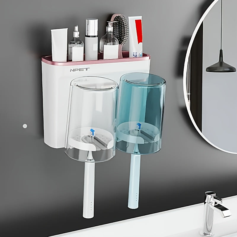 NPET 2\u002F3pcs Optional Gray, Rose Golden Two-tone Toothbrush Cup Holder, Bathroom Toilet Shelf Sink Organizer Simple Design Space-Saving Wall-Mounted Toothbrush Holder - Plastic, Easy To Clean, No Electricity Required
