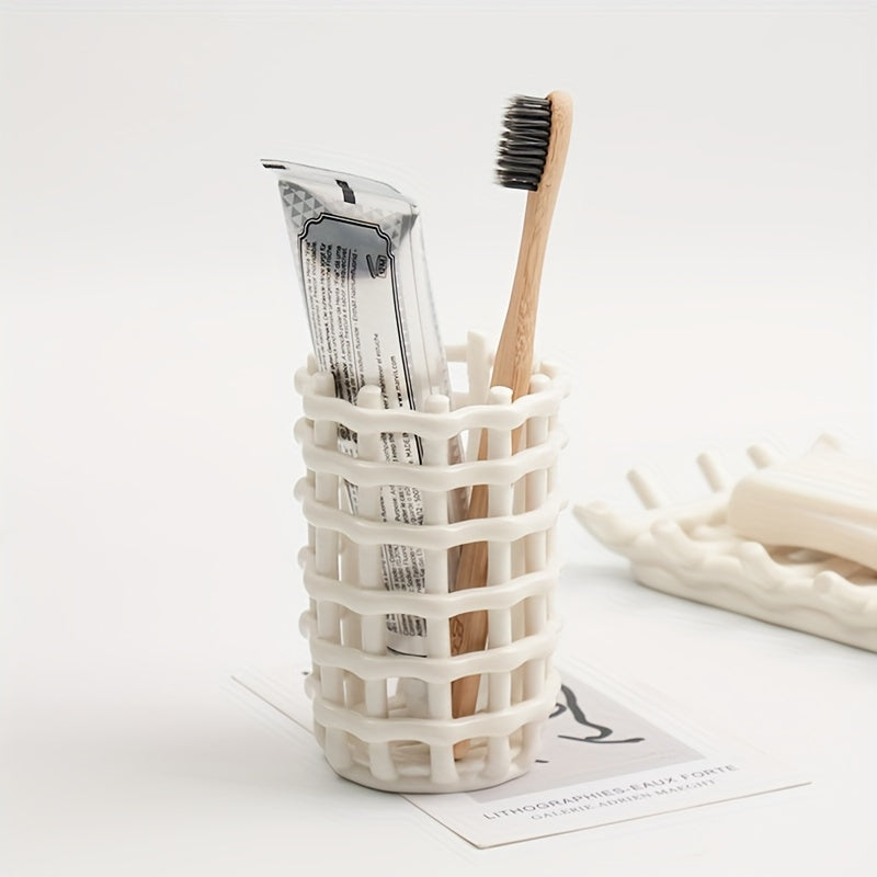 1Pc Hand Woven Ceramic Toothbrush Holder - Freestanding Toothpaste Storage Container for Bathroom Accessories, Non-Electric Organizer