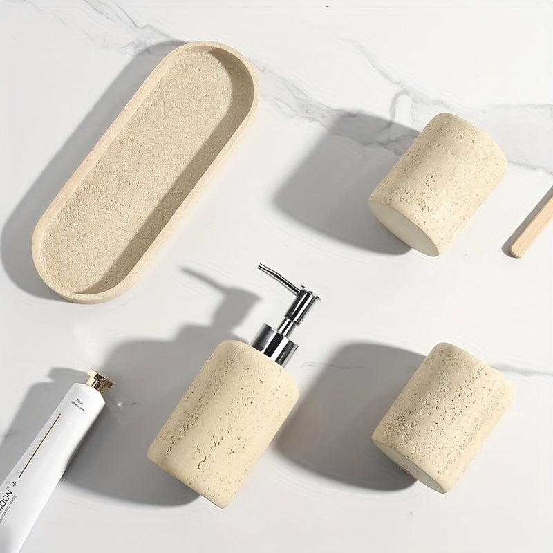 Bathroom Accessories Set, 4PCS Modern Beige Bathroom Accessory Set With Soap Dispenser, Mouthwash Cup & Toothbrush Holder, Tray.