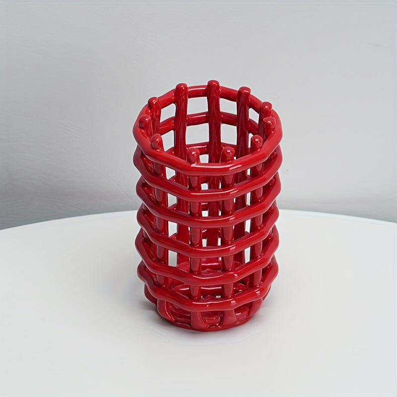 1Pc Hand Woven Ceramic Toothbrush Holder - Freestanding Toothpaste Storage Container for Bathroom Accessories, Non-Electric Organizer