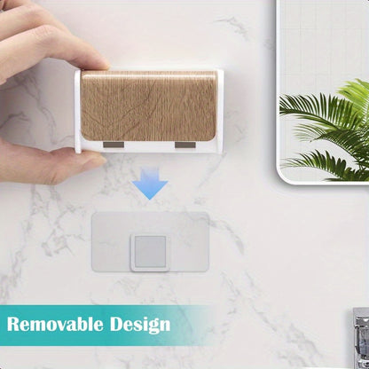 2-Slot Self-Adhesive Wall-Mounted Toothbrush Holder with Cover - Wood Grain Electric Toothbrush Organizer, Durable HIPS Plastic Bathroom Storage for Family, No Drill Installation & Easy Clean, Toothbrush And Toothpaste Holder