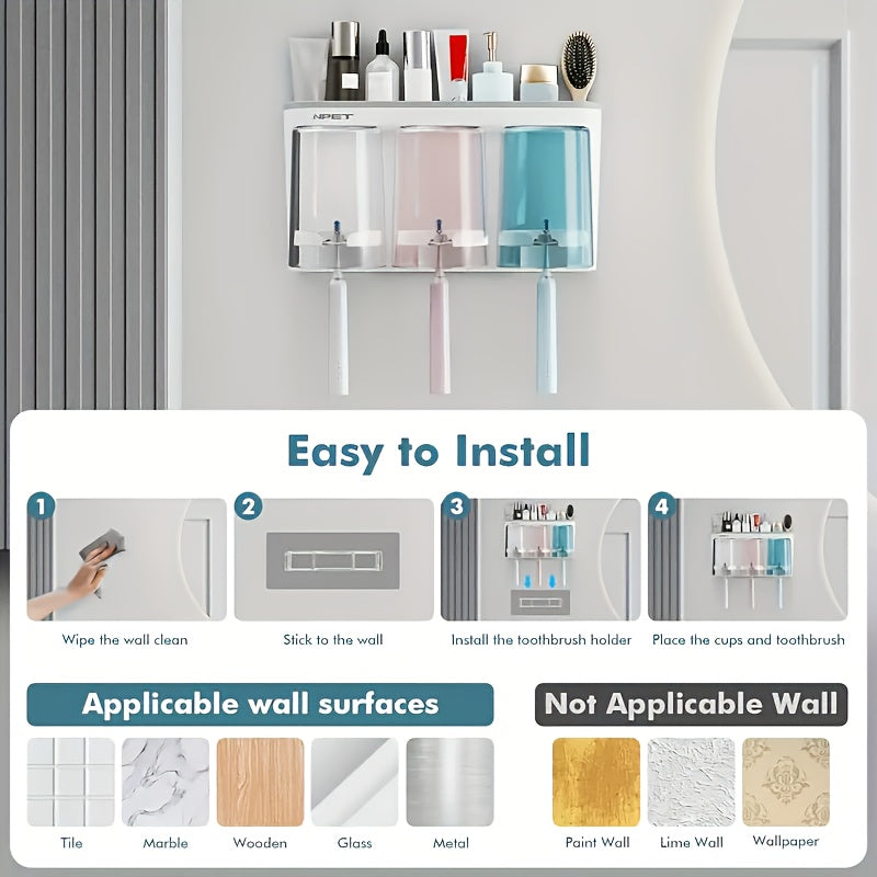 NPET 2\u002F3pcs Optional Gray, Rose Golden Two-tone Toothbrush Cup Holder, Bathroom Toilet Shelf Sink Organizer Simple Design Space-Saving Wall-Mounted Toothbrush Holder - Plastic, Easy To Clean, No Electricity Required
