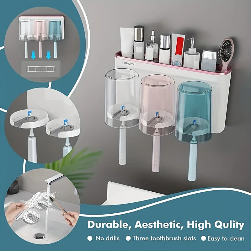 NPET 2\u002F3pcs Optional Gray, Rose Golden Two-tone Toothbrush Cup Holder, Bathroom Toilet Shelf Sink Organizer Simple Design Space-Saving Wall-Mounted Toothbrush Holder - Plastic, Easy To Clean, No Electricity Required
