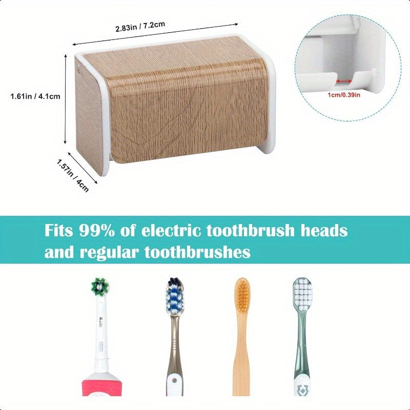 2-Slot Self-Adhesive Wall-Mounted Toothbrush Holder with Cover - Wood Grain Electric Toothbrush Organizer, Durable HIPS Plastic Bathroom Storage for Family, No Drill Installation & Easy Clean, Toothbrush And Toothpaste Holder