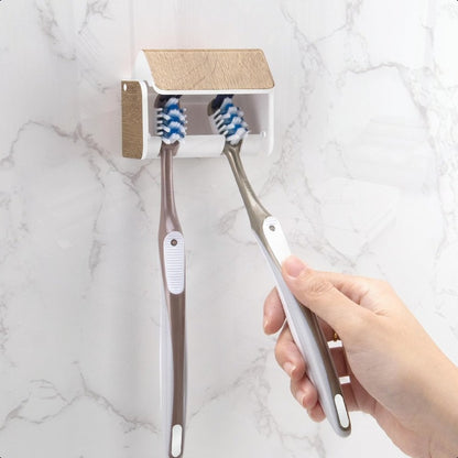 2-Slot Self-Adhesive Wall-Mounted Toothbrush Holder with Cover - Wood Grain Electric Toothbrush Organizer, Durable HIPS Plastic Bathroom Storage for Family, No Drill Installation & Easy Clean, Toothbrush And Toothpaste Holder