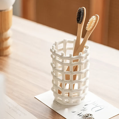 1Pc Hand Woven Ceramic Toothbrush Holder - Freestanding Toothpaste Storage Container for Bathroom Accessories, Non-Electric Organizer