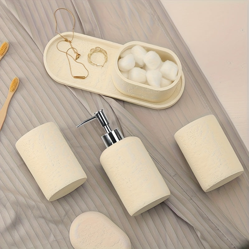 Bathroom Accessories Set, 4PCS Modern Beige Bathroom Accessory Set With Soap Dispenser, Mouthwash Cup & Toothbrush Holder, Tray.