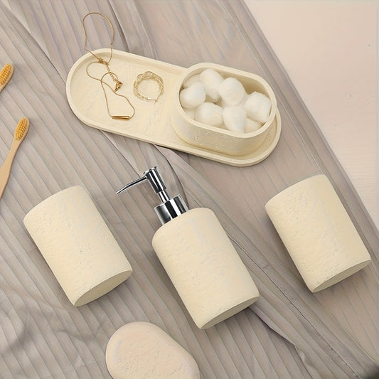 Bathroom Accessories Set, 4PCS Modern Beige Bathroom Accessory Set With Soap Dispenser, Mouthwash Cup & Toothbrush Holder, Tray.