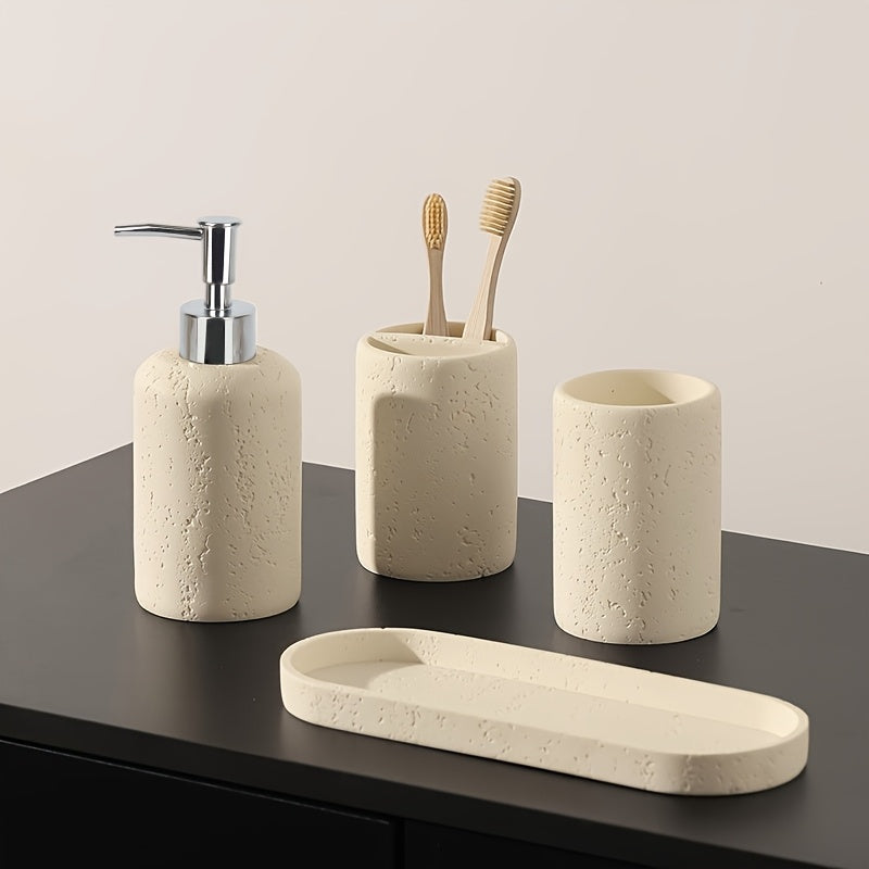 Bathroom Accessories Set, 4PCS Modern Beige Bathroom Accessory Set With Soap Dispenser, Mouthwash Cup & Toothbrush Holder, Tray.