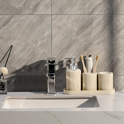 Bathroom Accessories Set, 4PCS Modern Beige Bathroom Accessory Set With Soap Dispenser, Mouthwash Cup & Toothbrush Holder, Tray.