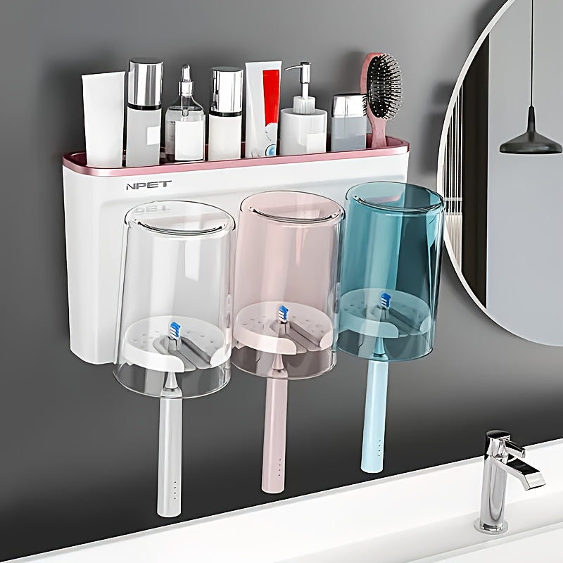 NPET 2\u002F3pcs Optional Gray, Rose Golden Two-tone Toothbrush Cup Holder, Bathroom Toilet Shelf Sink Organizer Simple Design Space-Saving Wall-Mounted Toothbrush Holder - Plastic, Easy To Clean, No Electricity Required