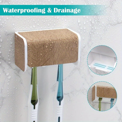 2-Slot Self-Adhesive Wall-Mounted Toothbrush Holder with Cover - Wood Grain Electric Toothbrush Organizer, Durable HIPS Plastic Bathroom Storage for Family, No Drill Installation & Easy Clean, Toothbrush And Toothpaste Holder