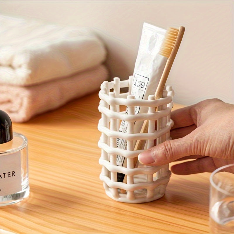 1Pc Hand Woven Ceramic Toothbrush Holder - Freestanding Toothpaste Storage Container for Bathroom Accessories, Non-Electric Organizer