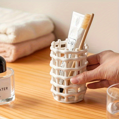 1Pc Hand Woven Ceramic Toothbrush Holder - Freestanding Toothpaste Storage Container for Bathroom Accessories, Non-Electric Organizer