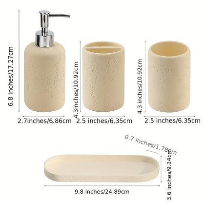 Bathroom Accessories Set, 4PCS Modern Beige Bathroom Accessory Set With Soap Dispenser, Mouthwash Cup & Toothbrush Holder, Tray.