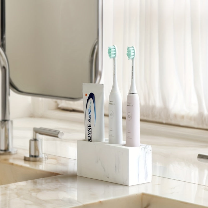 1pc Toothbrush Holder Stand, Electric Toothbrush Holder For Bathroom, Imitation Marble Pattern Countertop Bathroom Organizer, Multifunctional Toothbrush Toothpaste Storage Rack, Bathroom Accessories